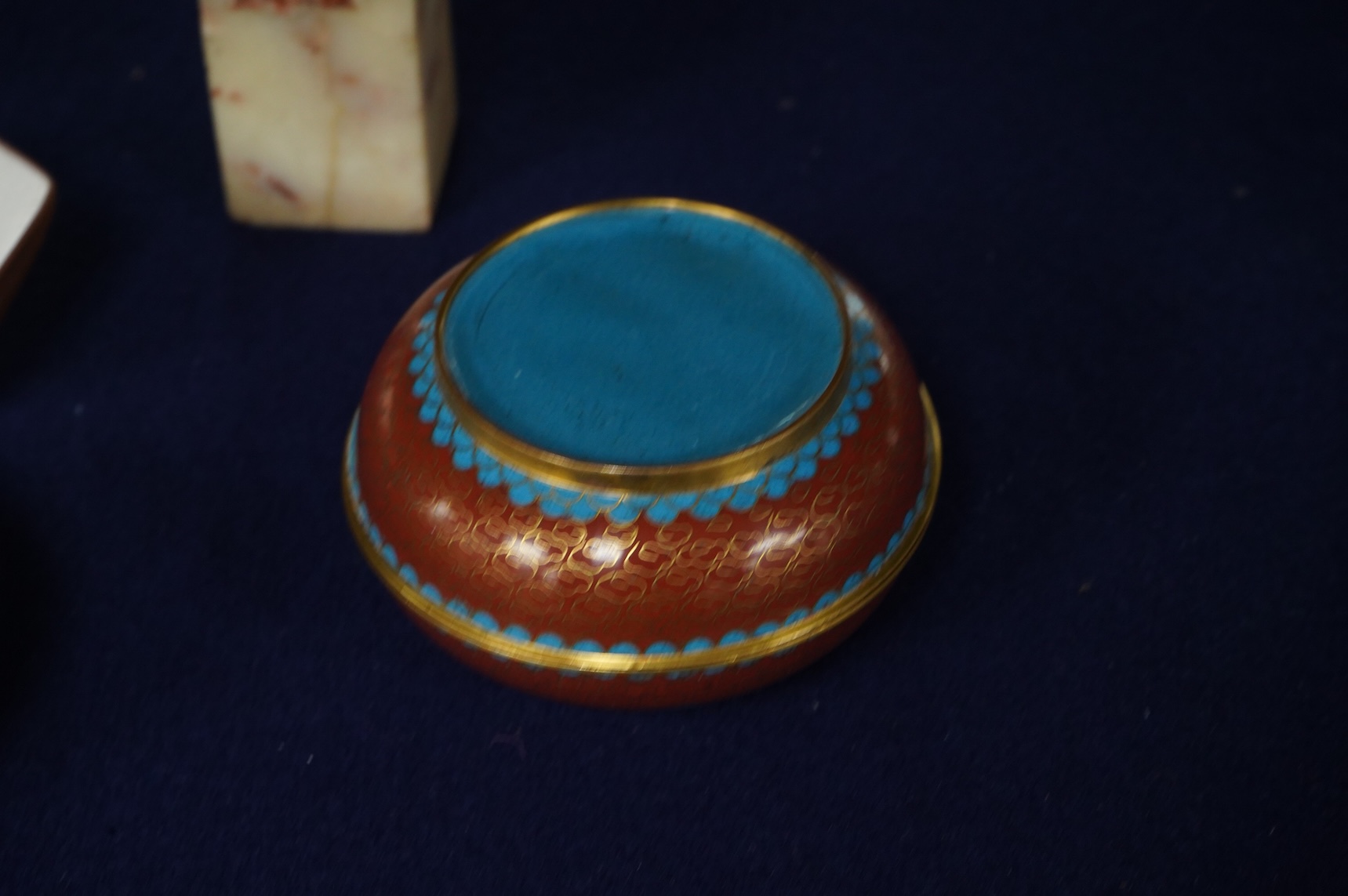 Two 18th century Yixing cups, a Chinese soapstone seal and two covered cloisonne pots, seal 11cm high